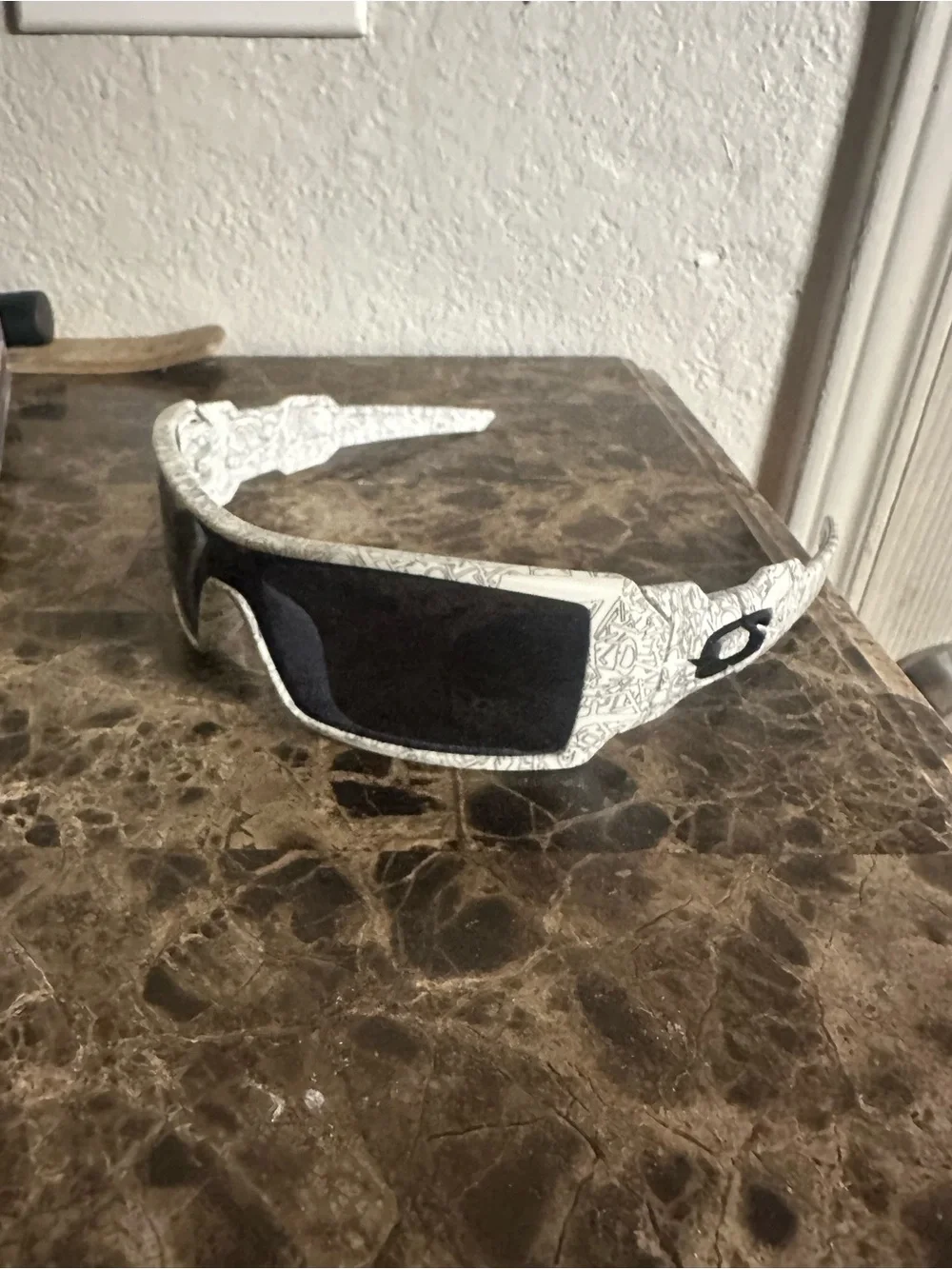 Oakley White Graphic Wrap Sunglasses with Black Lenses